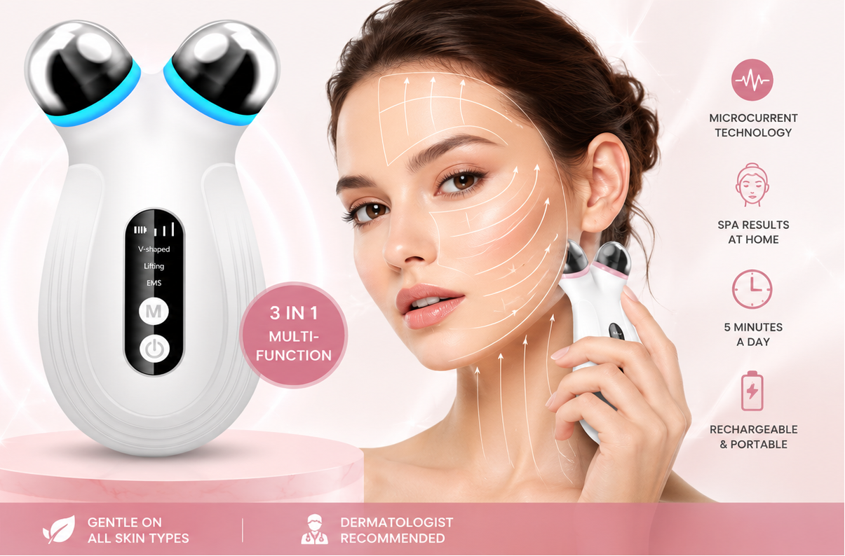A beauty ad banner for an at-home face lifting device. The left side features the product, a white and silver wand-style device with blue accents, alongside marketing text and icons.